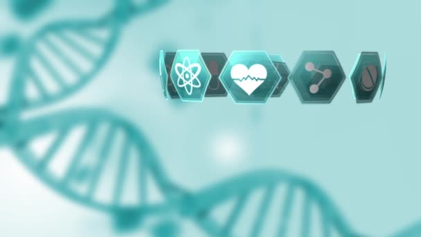 Animation Circle Made Blue Medical Icons Spinning Multiple Dna Strains — Stock Video