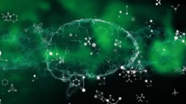 複数の分子のアニメーション 化学元素が浮遊し 緑と黒の背景に回転する接続で作られた脳 コロナウイルスCovid 19パンデミックDnaコンセプトデジタル複合体 — ストック動画