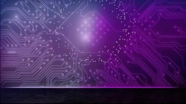 多个白点在紫色微处理器连接上漂浮和旋转的动画. — 图库视频影像