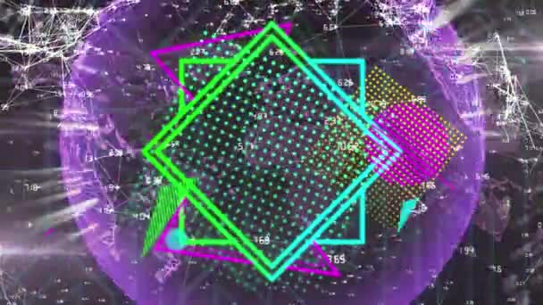 霓虹灯五彩斑斓的形象闪烁着紫色的地球在连环网上旋转的动画 — 图库视频影像
