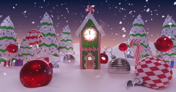 クリスマスツリーと雪で覆われたクリスマスボールでクリスマスのために飾られた雪の家のアニメーション — ストック動画