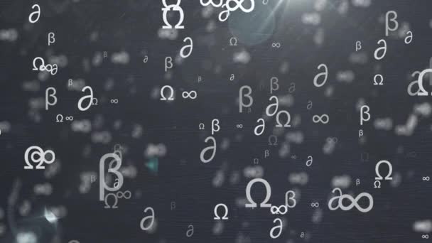 Анимация Математических Символов Движущихся Мерцающих Черном Фоне Научно Исследовательская Концепция — стоковое видео