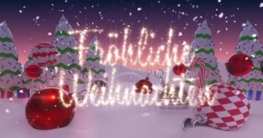 Frhliche Weihnachten 'ın animasyonu, Noel topları ve dijital olarak üretilen Noel ağaçları konseptiyle karlı manzaranın üzerinde peri ışıklarıyla yazılmış.