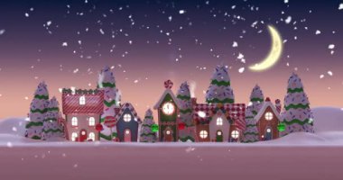 Noel için süslenmiş karlı bir evin animasyonu. Noel ağaçları ve karla kaplı Noel topları.