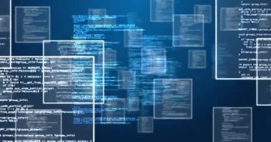 Veri işleme ve dijital bilginin mavi arkaplandaki etkileşimli ekranlar ağından akışının animasyonu. Dijital olarak oluşturulan küresel ağ ve veri işleme kavramı.