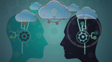 Birbirine bakan iki kafa siluetinin animasyonu kafalarının içinde yüzen bulutlu sosyal ikonlar, bir ampul beliriyor.