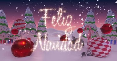 Feliz Navidad 'ın animasyonu, Noel topları ve dijital olarak üretilen Noel ağaçları konseptiyle karlı manzaranın üzerinde peri ışıklarıyla yazılmış.