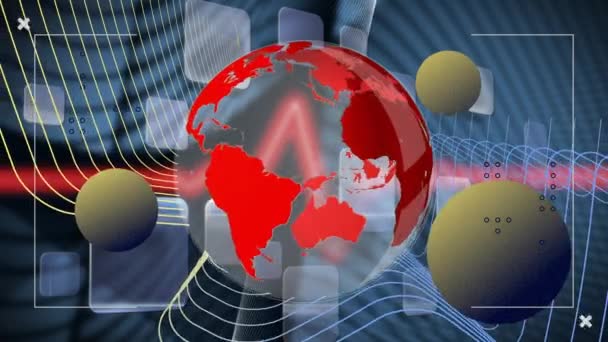 Animation d'un globe rouge filant avec trois boules jaunes apparaissant sur des carrés argentés flottant 