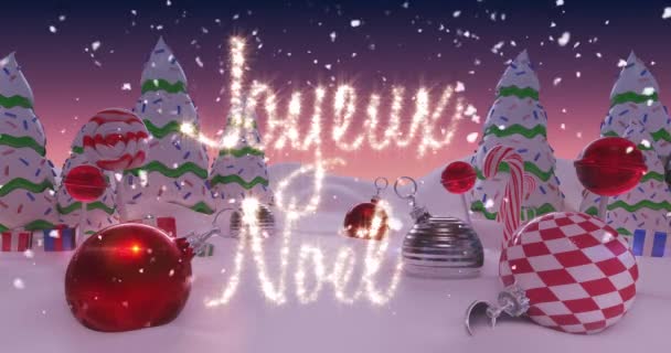 雪景色の上の妖精の光の中で書かれたジョワウ ノエルのアニメーションとクリスマスボールとクリスマスツリーのコンセプトデジタル生成 — ストック動画