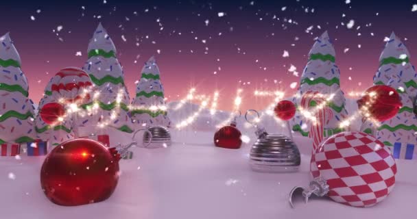 Animación Escrito Luces Hadas Sobre Paisaje Nevado Con Bolas Navidad — Vídeos de Stock