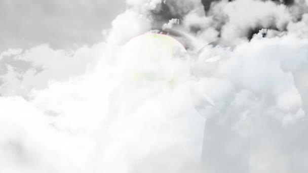 Анімація Моделі Людського Черепа Крутиться Могилою Являється Над Хмарами Плавають — стокове відео
