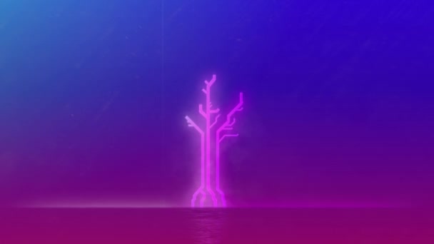 Animation d'un arbre aux lignes roses fluo sur fond bleu . — Video