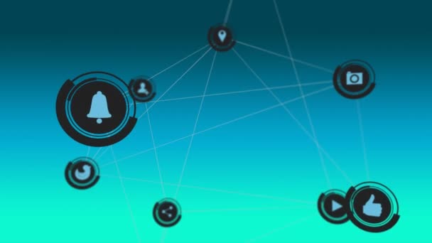 Animation d'un réseau de connexions avec des icônes sociales sur fond bleu . — Video