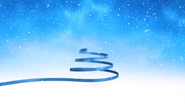 Animace Tvaru Vánočního Stromku Modré Stuhy Objevující Modré Obloze Sněhu — Stock video
