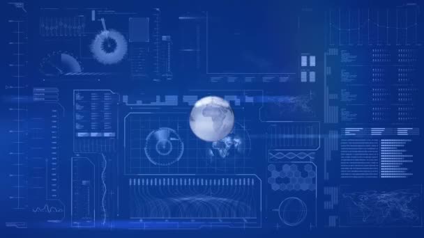 Animation d'un globe gris zoomant au premier plan et tournant avec l'évolution de l'information et des statistiques numériques en arrière-plan, du monde numérique et du concept des technologies de l'information 