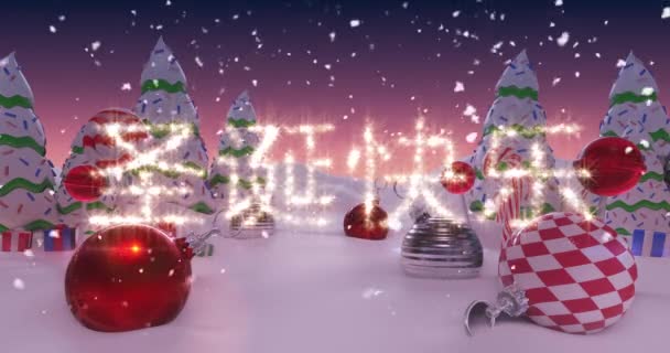 Animatie Van Geschreven Feeënlicht Besneeuwd Landschap Met Kerstballen Kerstbomen Concept — Stockvideo