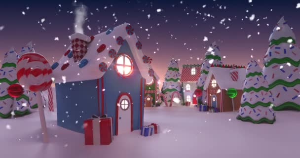 Κινούμενο Σχέδιο Χιονισμένου Σπιτιού Στολισμένου Για Χριστούγεννα Χριστουγεννιάτικα Δέντρα Και — Αρχείο Βίντεο