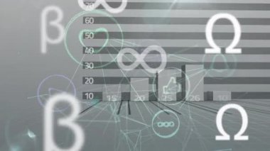 Beyaz matematiksel sembollerin animasyonu ve gri arkaplanda kırmızı bir grafik üzerinde yüzen sosyal simgelerle bağlantılar ağı