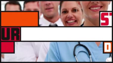 Kafkasyalı bir grup doktor üzerine renkli afişler içinde metin animasyonu. Halk sağlığı salgını Coronavirüs Covid 19 sosyal mesafe ve karantina konsept dijitasında kendini izolasyon