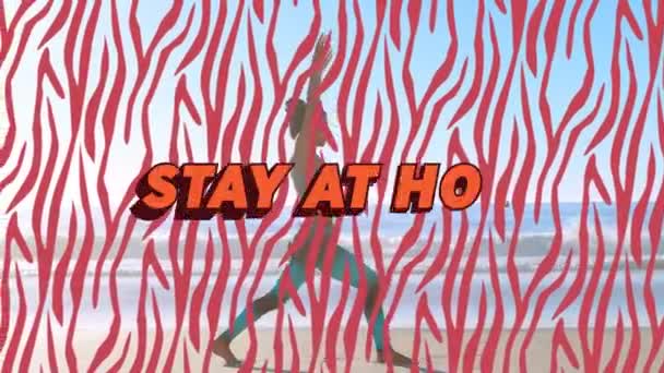 Анимация Оранжевых Слов Stay Home Caucasian Woman Exercising Beach Пандемический — стоковое видео