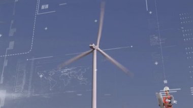 Rüzgar türbinin dönüşünün animasyonu, erkek mühendis okuma planları, veri işleme ve istatistik kaydı. Küresel çevre sorunları ve dijital olarak üretilen imaj geliştirme kavramı.