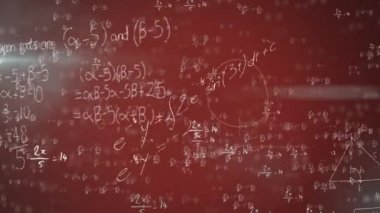 Kırmızı ve siyah zemin üzerinde yüzen matematiksel denklemlerin ve formüllerin animasyonu. Bilim ve araştırma konsepti dijital olarak oluşturuldu