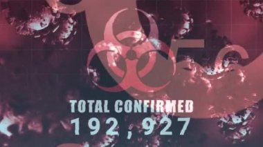 Kırmızı tehlike işaretinin makro Covid-19 hücreleri üzerinde yükselen toplam doğrulama sayısı. Coronavirus Covid 19 sosyal mesafeli kişisel karantina tecrit konsepti dijital bileşim