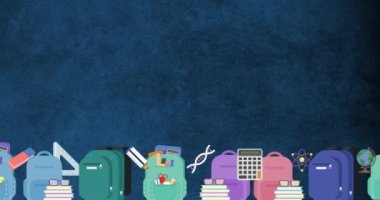 Dijital çoklu renkli okul çantaları, kırtasiye malzemeleri ve mavi arka planda hareket eden kitap yığınlarının animasyonu. Eğitim ve öğretim kavramı dijital olarak oluşturulmuş imaj.