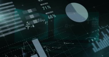 İstatistikler ve grafikler üzerinde yüzen matematiksel denklemleri gösteren üç ekranın animasyonu. Bilim ve araştırma konsepti dijital olarak oluşturuldu