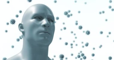 Beyaz arka planda yüzen dev virüs modelleri olan dijital bir insan kafası animasyonu. Coronavirus Covid-19 pandemik konsept dijital bileşik.