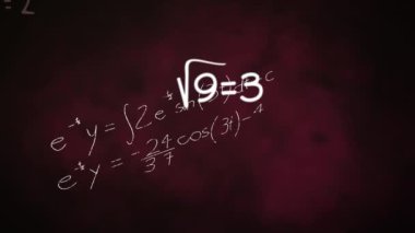 Kırmızı ve siyah zemin üzerinde yüzen matematiksel denklemlerin ve formüllerin animasyonu. Bilim ve araştırma konsepti dijital olarak oluşturuldu