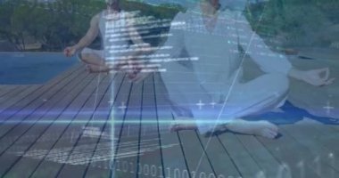 Havuz başında meditasyon yapan beyaz bir çiftin grafikleri, verileri ve istatistikleri. Halk sağlığı salgını Coronavirüs Covid 19 sosyal mesafe ve karantina konseptinde kendini izolasyon