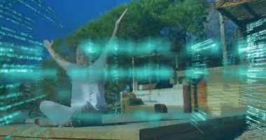 Beyaz adamın meditasyonuyla ilgili veri işleme animasyonu. Halk sağlığı salgını Coronavirüs Covid 19 sosyal uzaklık ve karantina tecrit konsepti dijital kompozit