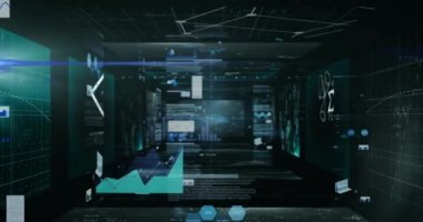 Matematiksel denklemleri ve yüzen sembolleri gösteren ekranlardan oluşan bir tünelin üzerindeki istatistik ve grafiklerin animasyonu. Bilim ve araştırma konsepti dijital olarak oluşturuldu