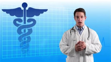 Kafkasyalı bir erkek doktorun, bir şebekedeki Caduceus üzerinde canlandırması. Küresel ekonomi ve teknoloji kavramı dijital kompozit