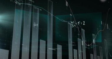 İstatistikler ve grafikler üzerinde yüzen matematik denklemlerinin ve formüllerin animasyonu. Bilim ve araştırma konsepti dijital olarak oluşturuldu