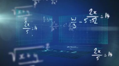 Yüzen matematiksel formülleri gösteren üç ekranın üzerinde yüzen matematiksel denklemlerin animasyonu. Bilim ve araştırma konsepti dijital olarak oluşturuldu