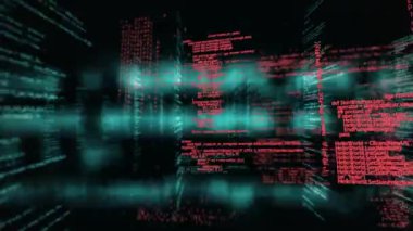 Siyah arkaplanda kırmızı ve beyaz veri işleme animasyonu. Bilim ve araştırma konsepti dijital olarak oluşturuldu