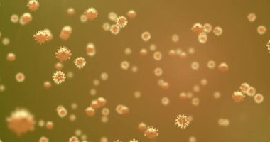 Turuncu arka planda yüzen makro Covid-19 hücrelerinin animasyonu. Coronavirus Covid-19 pandemik konsept dijital bileşik.