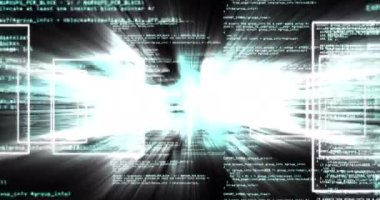 Siyah arkaplanda yüzen parlak karelerle veri işleme animasyonu. Bilim ve araştırma konsepti dijital olarak oluşturuldu