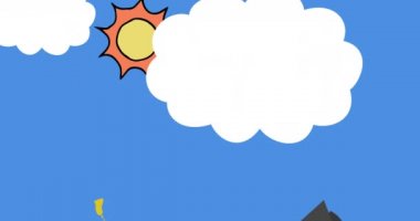 Mezuniyet töreninin animasyonu üniversite şapkalarının havaya fırlatılması. Arka planda mavi gökyüzünde güneş ve bulut var..