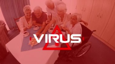 Kafkasyalı üst düzey erkek ve kadınların kahve içtiği yerde kırmızı uyarı işareti olan Virüs kelimesinin animasyonu. Coronavirus Covid-19 pandemik konsept dijital bileşik