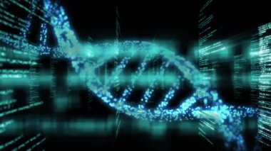 Siyah arkaplandaki veri işleme üzerindeki DNA türünün animasyonu. Bilim ve araştırma konsepti dijital olarak oluşturuldu