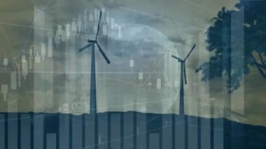 Gün batımında hareket eden rüzgar türbinlerinin canlandırılması ve borsa grafiği giderek azalıyor. Küresel çevre sorunları ve dijital olarak üretilen imaj geliştirme kavramı.