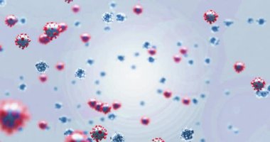 Beyaz arka planda yüzen makro Covid-19 hücrelerinin animasyonu. Coronavirus Covid-19 pandemik konsept dijital bileşik.