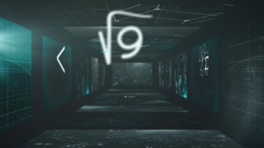 Matematiksel denklemlerin animasyonu ve formüller yüzen matematiksel denklemleri gösteren ekranlardan oluşan bir tünelin üzerinde yüzüyor. Bilim ve araştırma konsepti dijital olarak oluşturuldu