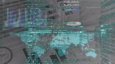 Gri arkaplan üzerindeki mavi dünya haritası üzerinde çoklu grafik, veri ve istatistiklerin canlandırması