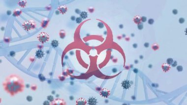 Kırmızı virüs işareti ve mavi arkaplanda yüzen makro Covid-19 hücrelerinin DNA ikonu ile canlandırılması. Coronavirus Covid-19 pandemik konsept dijital bileşik.