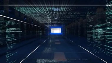 Parlak beyaz bir karenin üzerindeki veri işleme tünelinin animasyonu. Bilim ve araştırma konsepti dijital olarak oluşturuldu