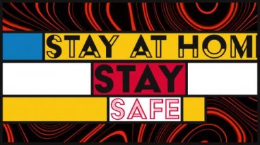 Kelimelerin animasyonu: Kırmızı sıvı arka planda renkli pankartlarla Evde Kalın 